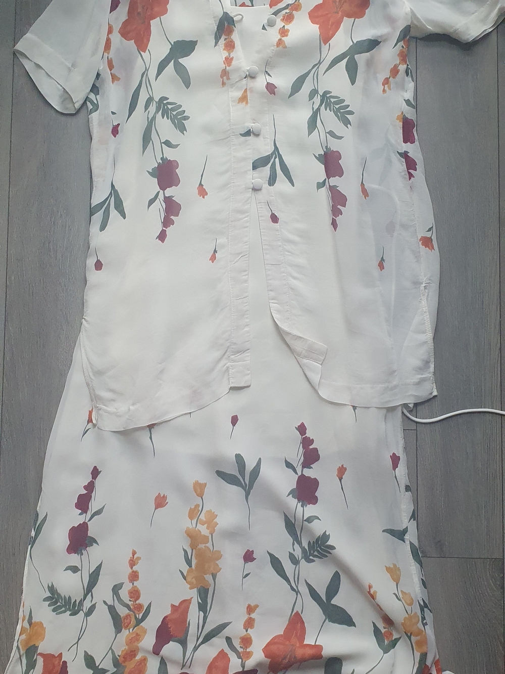 White Floral Button-Up Top and Skirt Set